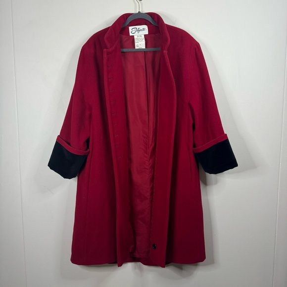 Vintage Sieberts Red/Black Trim Long Wool Flared Swing Coat Woman's Size 16 - Picture 4 of 15